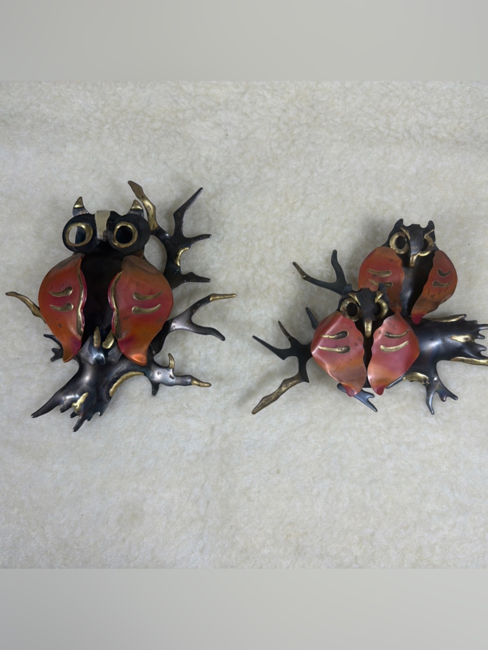 Metal MCM Brutalist Wall Art Owl Sculptures in Orange Pinkish Red and Gold